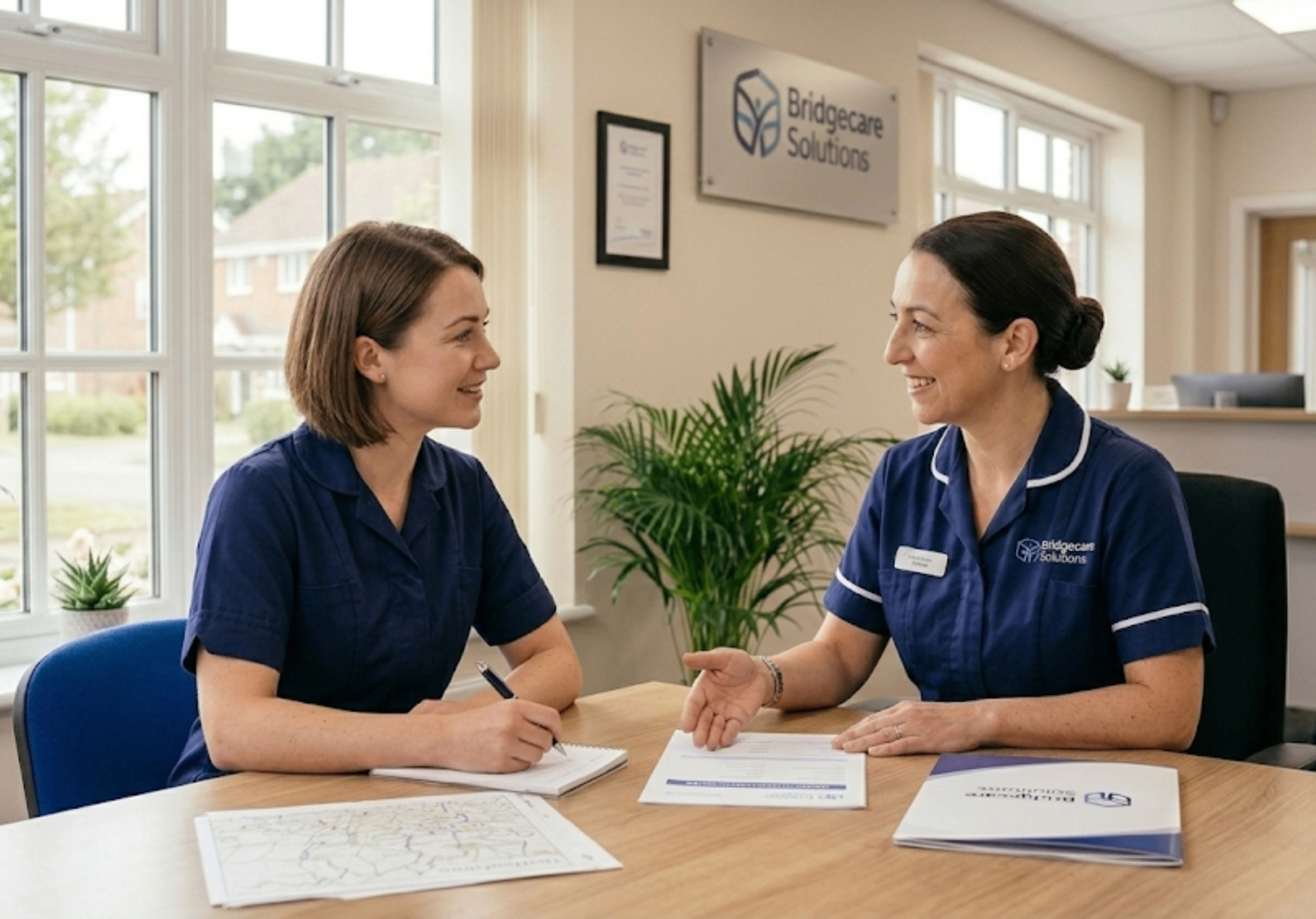 Bridgecare Solutions senior coordinator conducting carer supervision at Stevenage office ensuring quality home care standards