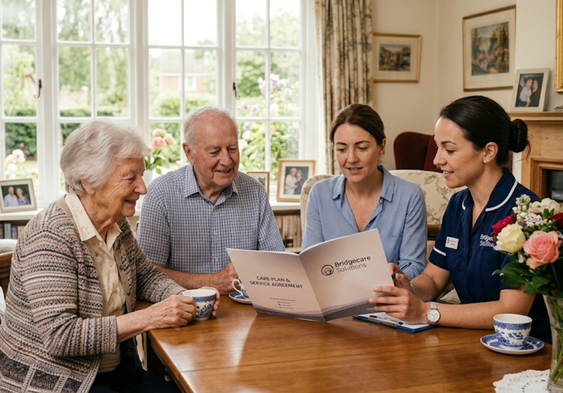 Bridgecare Solutions carer building trust with elderly client and family during care assessment in Hertfordshire