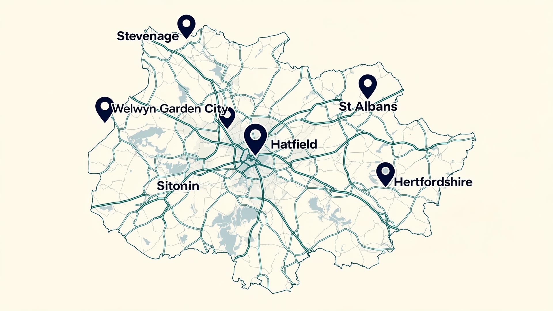 Illustrated map of Bridgecare Solutions home care coverage area across Hertfordshire including Stevenage, Welwyn Garden City and Hatfield