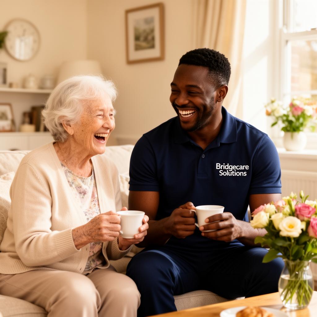 Bridgecare Solutions carer sharing a warm moment with elderly client over tea
