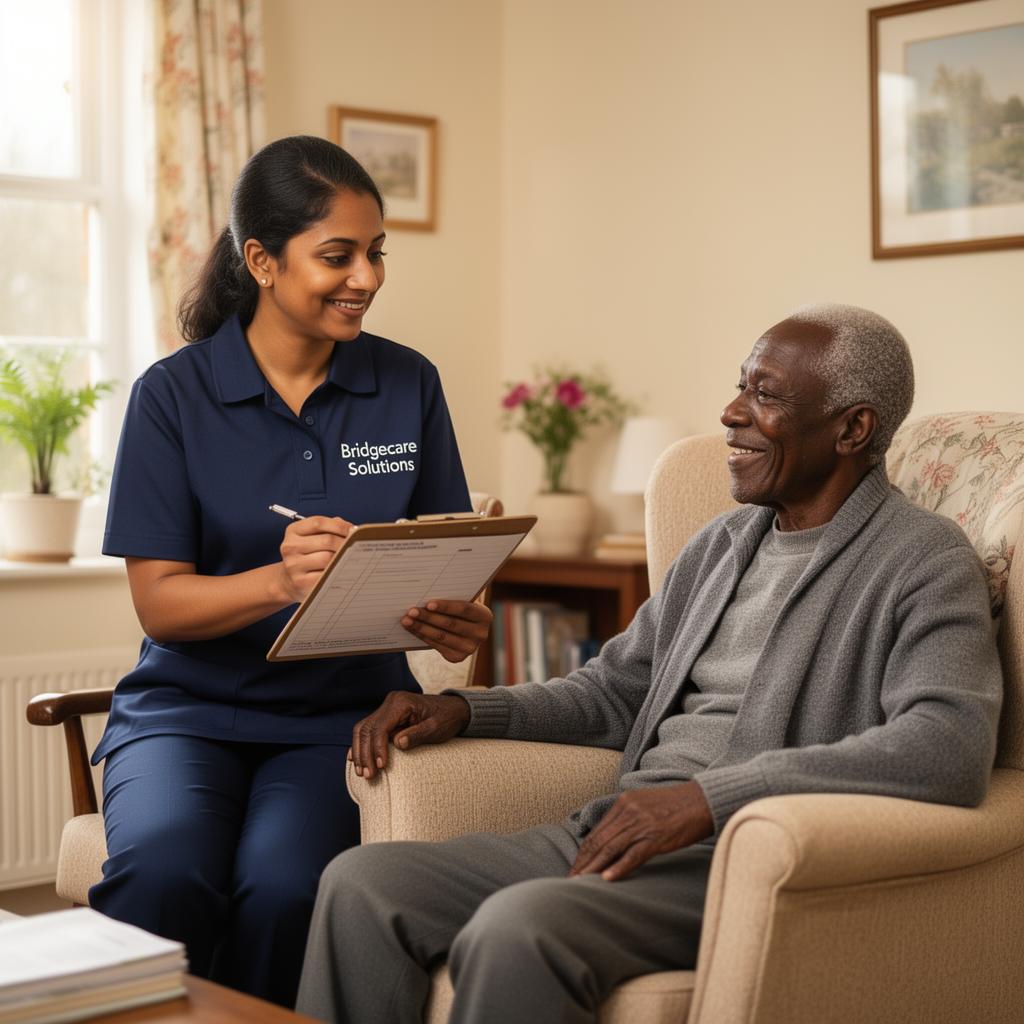 Bridgecare Solutions care coordinator reviewing care plan with elderly client at home